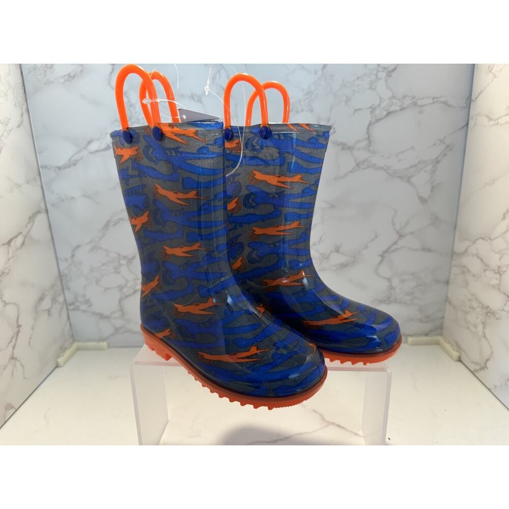 Lilly New York Rain Boots w/ Handle Youth Size 11 Orange & Blue with Airplanes